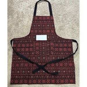 Handmade Embroidered Apron Red Black Geometric Pattern Pocket